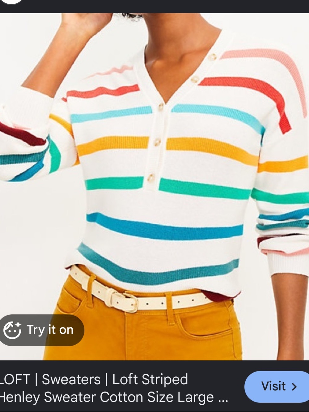 LOFT White Multicolor Striped V-Neck Henley Sweater